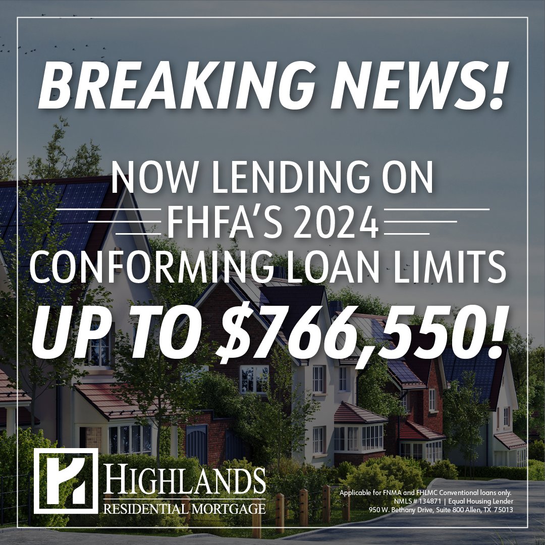 Breaking News: We're thrilled to share that Highlands Residential Mortgage has just raised the bar! Recent FHFA & FHLMC conforming loan limit increase means more possibilities for your dream home. Your future awaits—let's make it happen together!
#HomeSweetLoan #UnlockingDreams