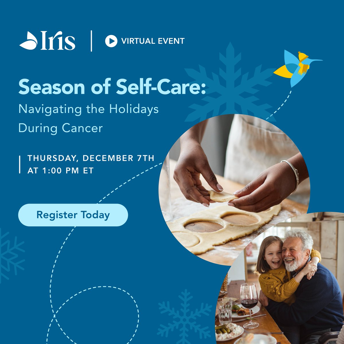 🌟 Discover self-care strategies and practical ways for navigating the holidays during cancer. Join us on Thursday, December 7th at 1:00 PM ET for our FREE virtual event. Reserve your spot today!✨ buff.ly/47yLBkU #irisoncology #virtualevent #holidayseason