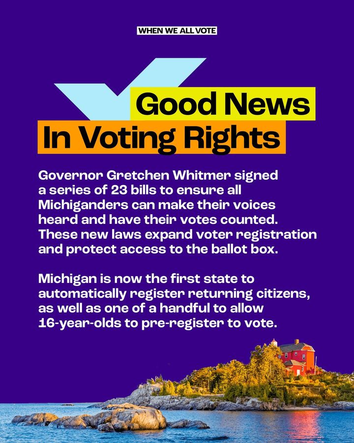 Today is a great day for democracy in Michigan! 🎉 Gov. Gretchen Whitmer signed a series of election bills into law that will: 🗳 Allow 16 year olds to pre-register to vote 🙌 Expand voter registration ✅ Automatically register returning citizens