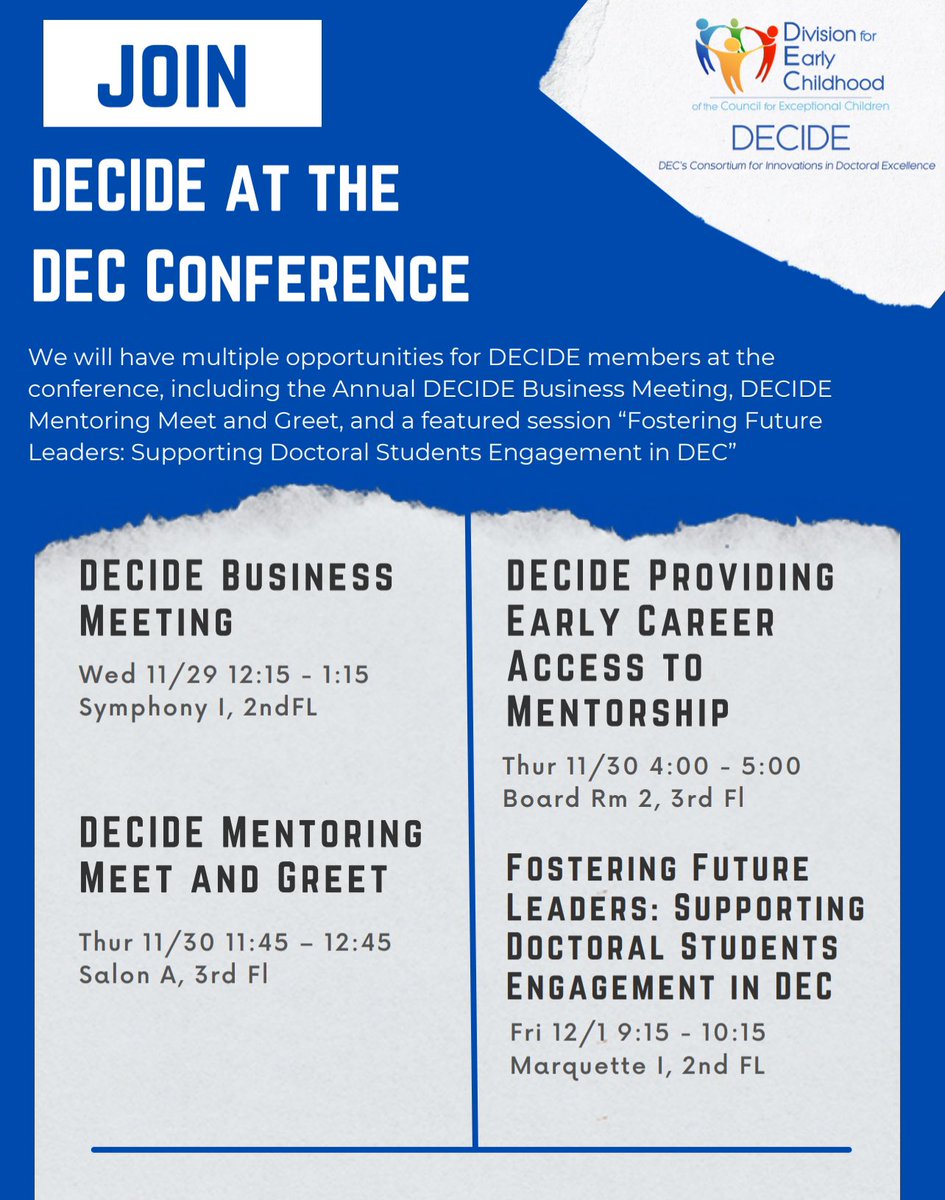 VeronicaYKang's tweet photo. We are meeting in Board Rm 2 on 3rd flr with our panel talking about mentorship now. Tomorrow, we meet 9:15am to talk about supporting #docstudents engagement in @decsped we hope to see you there! #decide https://t.co/j49Mznn04V