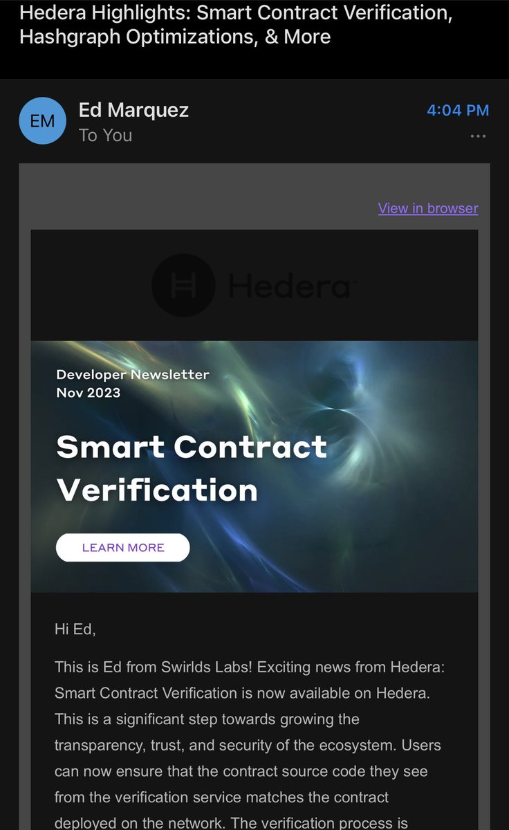 The Hedera Developer Newsletter for November just went out!!! 

It includes updates about smart contract verification, Hashgraph optimizations, and much more.