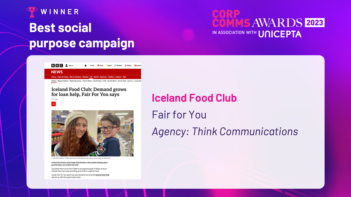 CorpCommsMag's tweet photo. And introducing a new award from this category, the 'Best Social Purpose Campaign' goes to @FairforYouCIC and their agency @thinkcomms for the First Iceland Food Club.🌍🏆#ccawards https://t.co/a249dkROYk