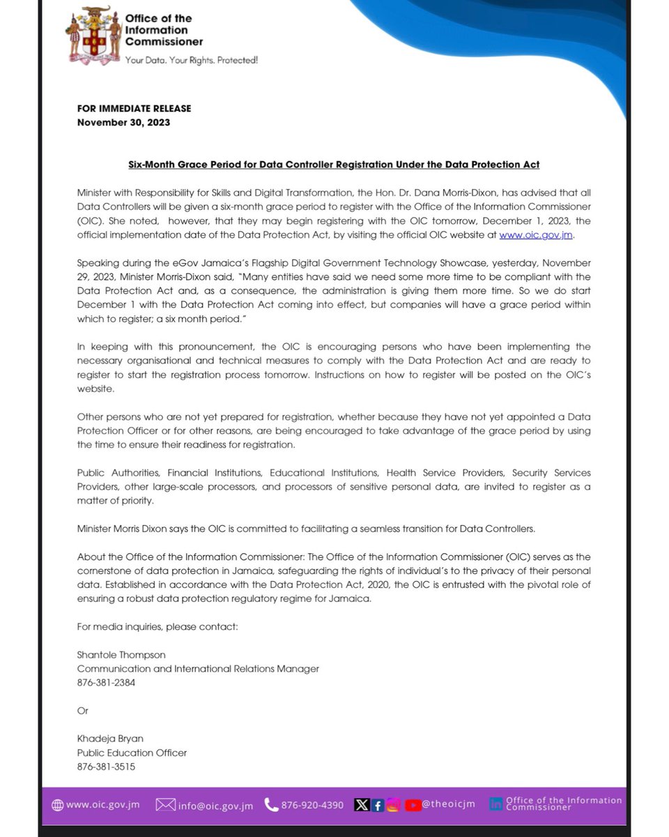 AndrewHolnessJM's tweet photo. #PressRelease: Six-Month Grace Period for Data Controller Registration Under the Data Protection Act. @theoicjm https://t.co/wUc8WgaBAL