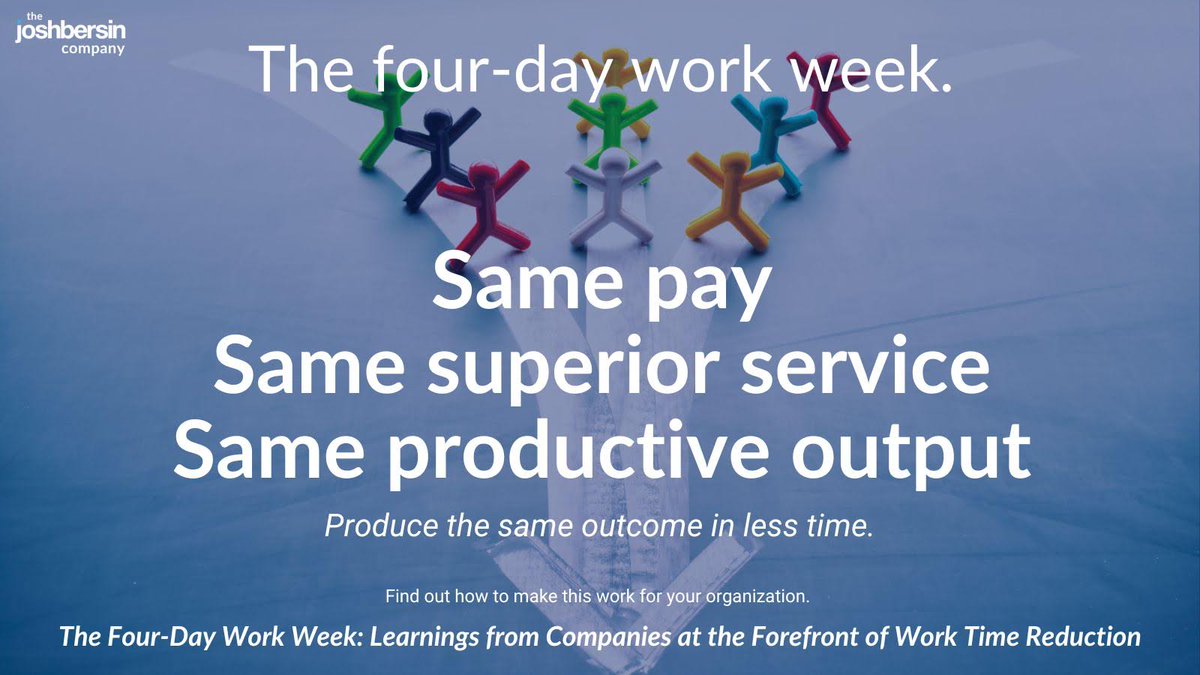 One crucial requirement when exploring the #FourDayWorkWeek model is attaining full buy-in from both leadership + employees. More here: joshbersin.com/the-four-day-w…
#hr #futureofwork #futureofhr #leadership #employees #worktimereduction