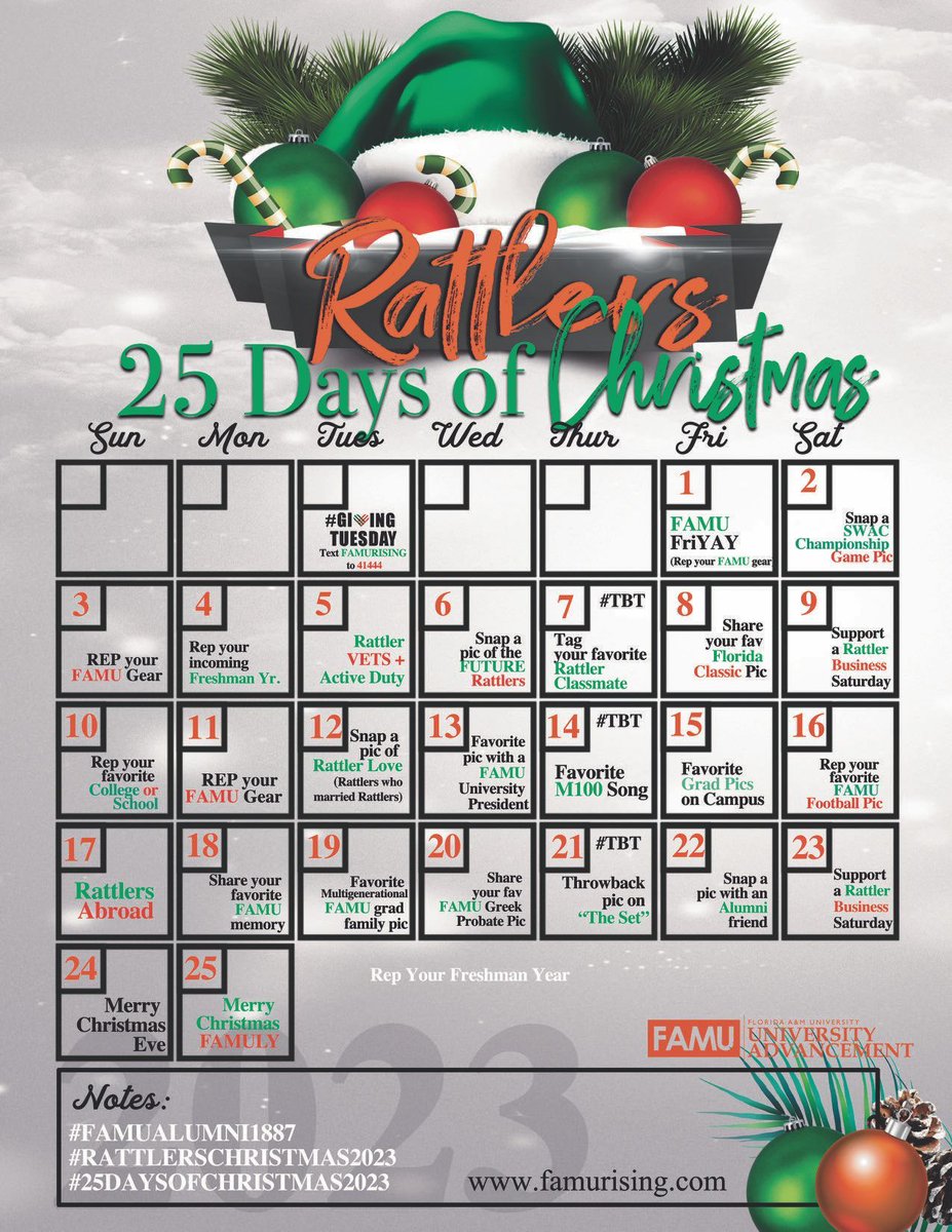 Are you feeling the holiday spirit yet, FAMUly? Join us for some Rattler excitement during the annual '25 days until Christmas' countdown! #FAMU #RattlerEdition 🐍 🎄 🧡 To get involved, tag @famu1887 @famualumni1887 Which day are you most excited to participate in this year?