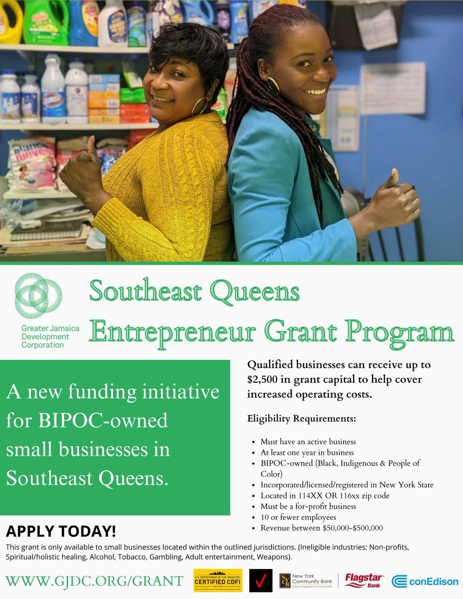 Exciting news! 150 businesses will receive grant $$$!!! Greater Jamaica Development Corporation is thrilled to unveil our groundbreaking Southeast Queens Entrepreneur Grant Program! Grants of up to $2500 to @gjdcprez 🔗 Act now, visit gjdc.org/grant/ and apply today!