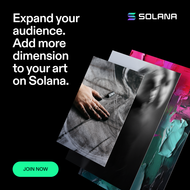 solana's tweet photo. Blockchain technology can unlock new audiences for your art. Join a global community of artists and creators who use Solana to expand their reach and tap into their art’s full potential.