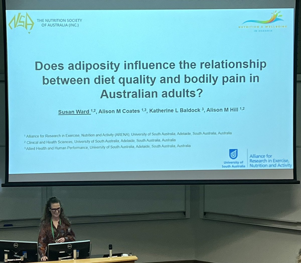 AlisonCoates1's tweet photo. Awesome presentation @suward7 - very impressive explanation of the mediating role of adiposity in diet and pain relationships @ARENA_UniSA @KLBaldock https://t.co/WI5E4hg8Et