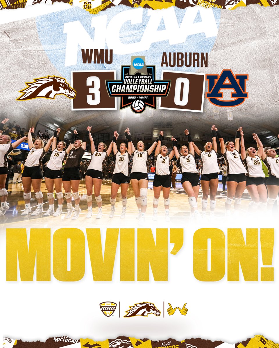 WMU Volleyball (@wmuvolleyball) on Twitter photo THE BRONCOS ARE MOVING ON!!! Western Michigan takes down No. 7 Auburn in straights to advance to the second round of the <a href="/NCAAVolleyball/">NCAA Women's Volleyball</a> Championship!
#BroncosReign THE BRONCOS ARE MOVING ON!!! Western Michigan takes down No. 7 Auburn in straights to advance to the second round of the <a href="/NCAAVolleyball/">NCAA Women's Volleyball</a> Championship!
#BroncosReign