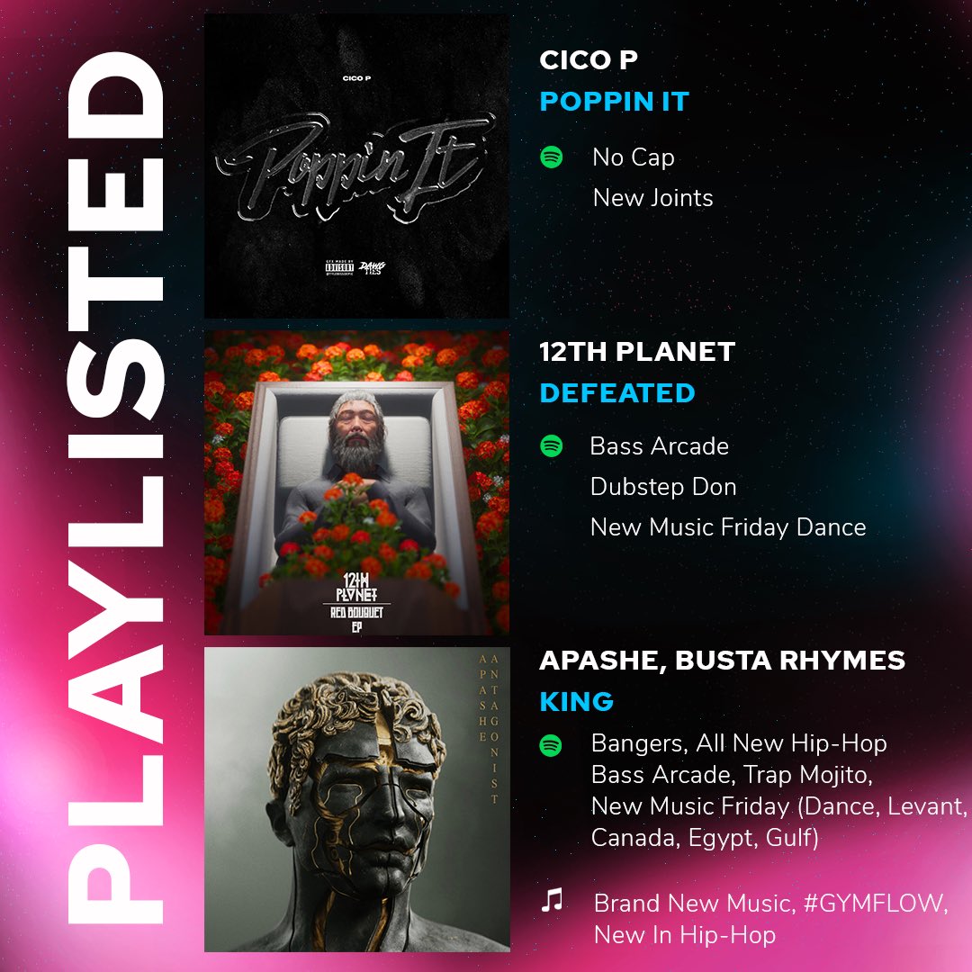 #Playlisted : New releases from our Create Fam that were added to the top playlists worldwide @cicop - Poppin It @12thplanet - Defeated (from EP Red Bouquet) @Apashe_Music - King feat. @BustaRhymes (from album Antangonist) #AppleMusic #Spotify #Playlist