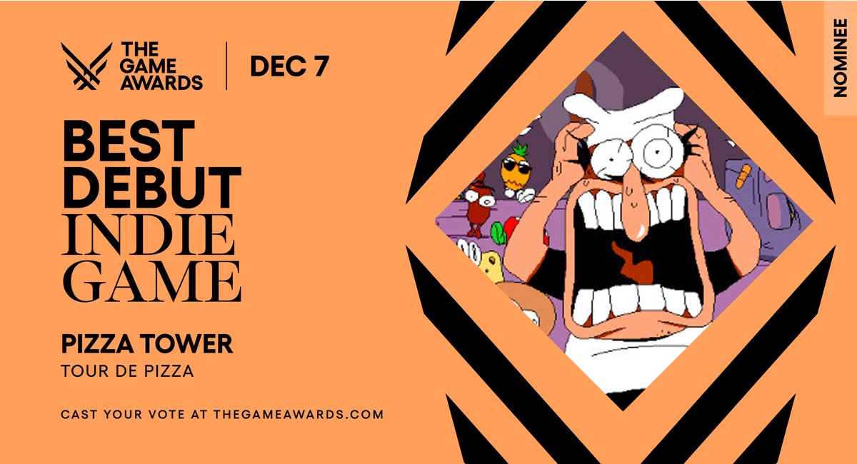 <a href="/PizzaTowergame/">Tour De Pizza (Woon, Pizza Tower)</a> Congrats again on your Best Debut Indie Game nomination! #TheGameAwards

Vote now! bit.ly/tgavote