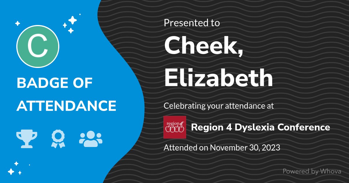 ElizabethChee10's tweet photo. 🎉 Just had an incredible experience attending Region 4 Dyslexia Conference! 🎉  - via #Whova event app https://t.co/5YFGlgznRR