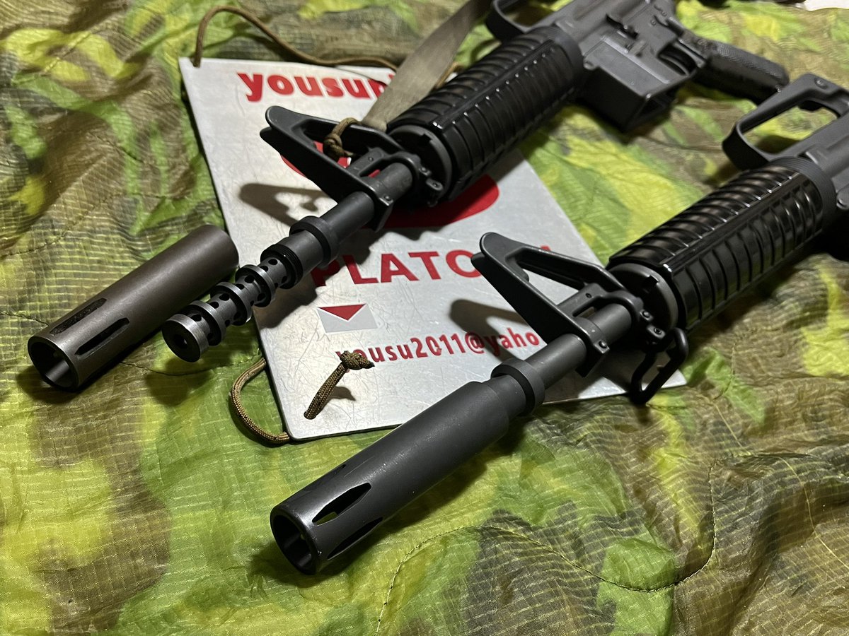 yousunics's tweet photo. #nBORDE #XM177E2 トレポンコンバージョン
上 ナベ様インフィニティカスタム
下 ヨウスニクス PTWプリコック改（ガンジワンウェイメカ&amp;不知火商店 陽炎5型B改）カスタム
共にトレポン新旧メカで自動車で言えば「EV vs エンジン（高回転仕様）」のような様相です
フラッシュサプレッサーに注目（笑 https://t.co/SvRljUp1nb