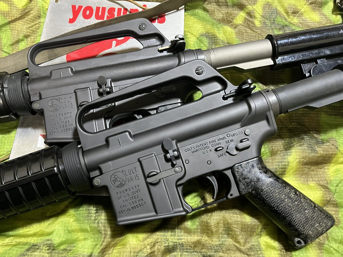 yousunics's tweet photo. #nBORDE #XM177E2 トレポンコンバージョン
上 ナベ様インフィニティカスタム
下 ヨウスニクス PTWプリコック改（ガンジワンウェイメカ&amp;不知火商店 陽炎5型B改）カスタム
共にトレポン新旧メカで自動車で言えば「EV vs エンジン（高回転仕様）」のような様相です
フラッシュサプレッサーに注目（笑 https://t.co/SvRljUp1nb