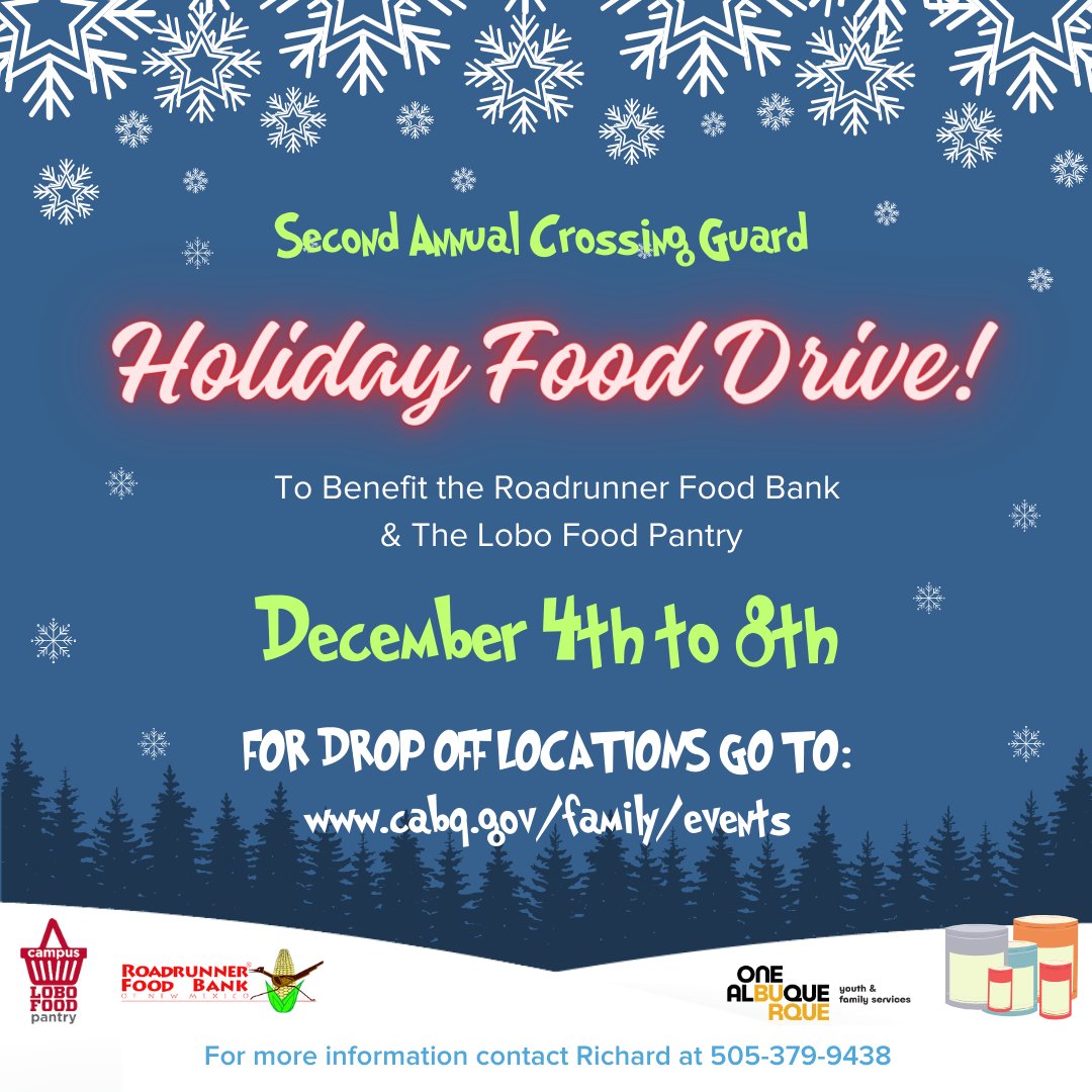Don't forget to add canned food items to your grocery list this weekend!

From December 4th-8th, crossing guards at over 40 drop off locations will be collecting canned food items to benefit Roadrunner Food Bank and the Lobo Food Pantry.

Read more: loom.ly/XtKaKrg
