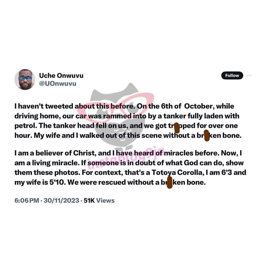 instablog9ja's tweet photo. I am a living miracle — Man says, after he and his wife survived a freak accid£nt https://t.co/WYVZttClK4