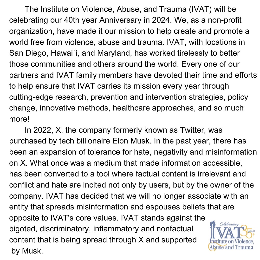 To all of our IVAT family, please read our statement below to better understand why we will no longer be using this platform. We will still be active on our other social media platforms. Thank you!