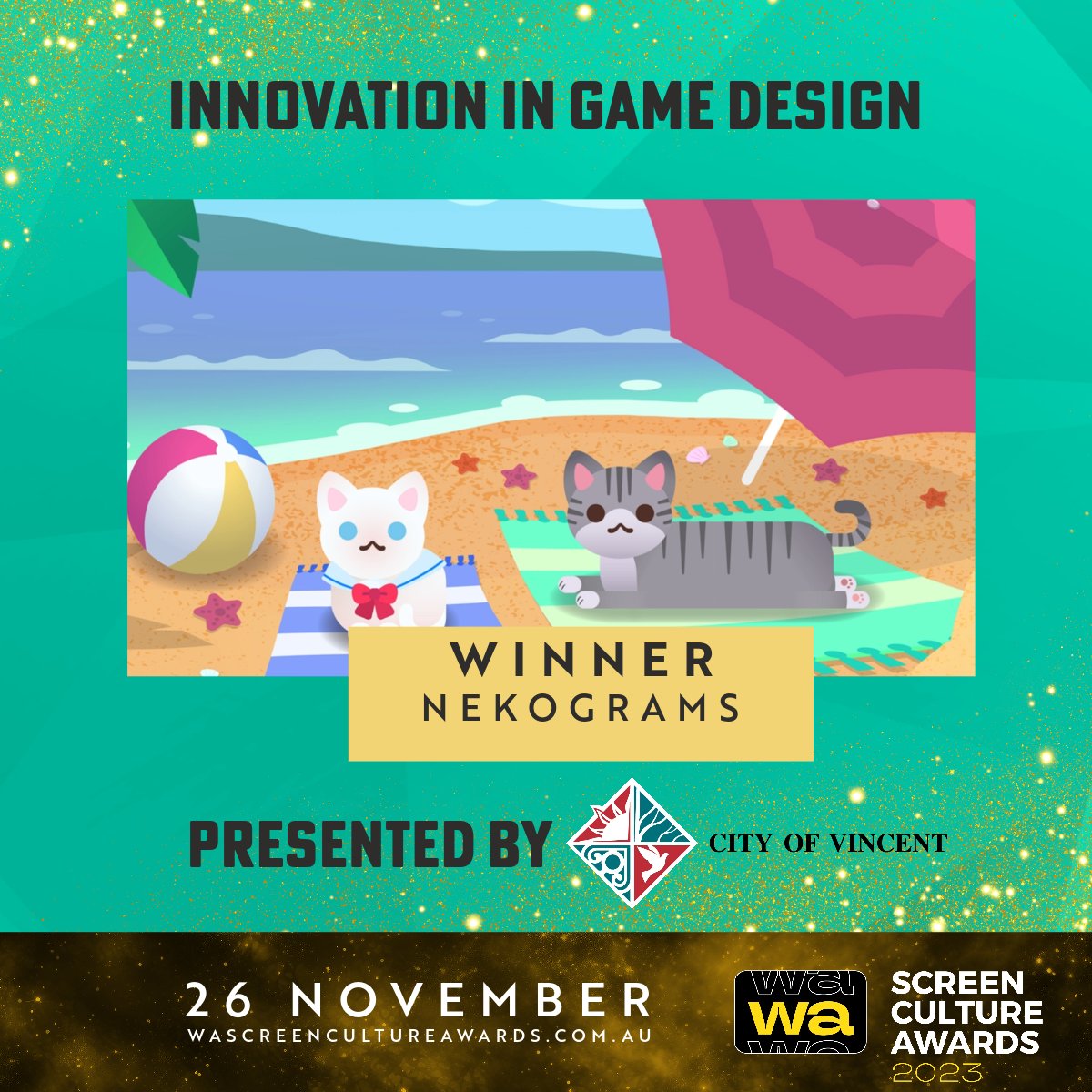 @Nekograms has won Innovation in Game Design at the 2023 WA Screen Culture Awards!

Thanks to @WAScreenCulture and @Rev_Film_Fest for an amazing night, City of Vincent for presenting the award, and @Screenwest for their support.

Congratulations to all of the winners!