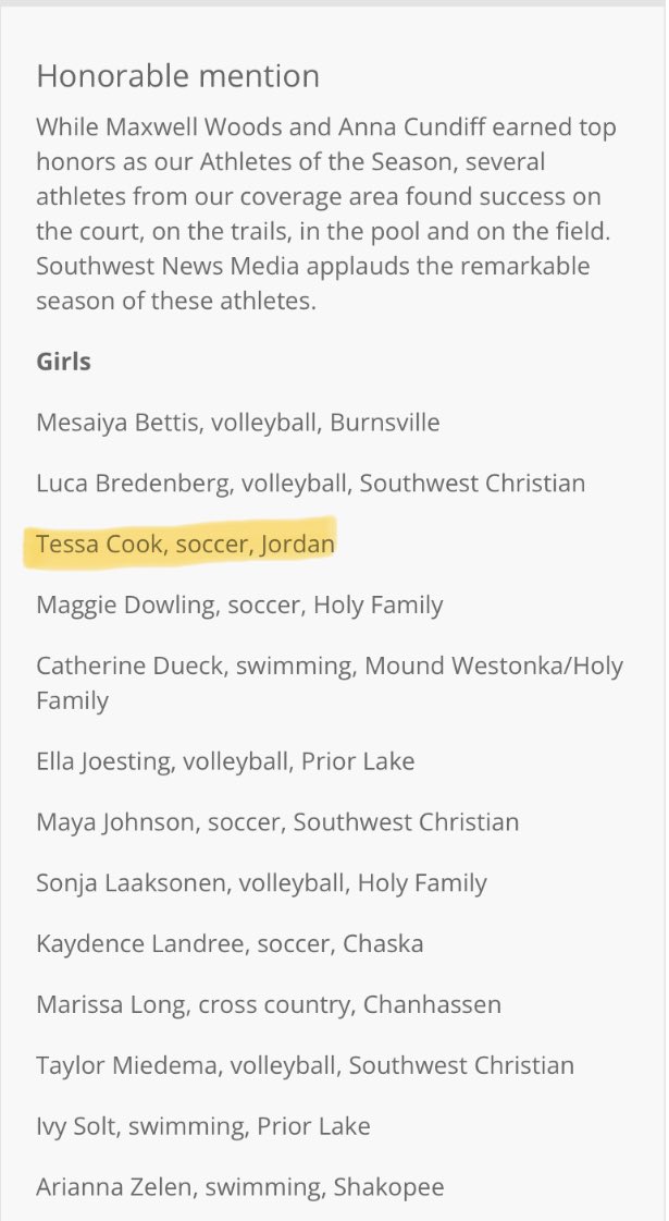 Congrats to our Co-MVP Tessa Cook who was one of SW News Media’s honorable mention top Fall Female Athletes. Tessa had 11 goals and 5 assists this season