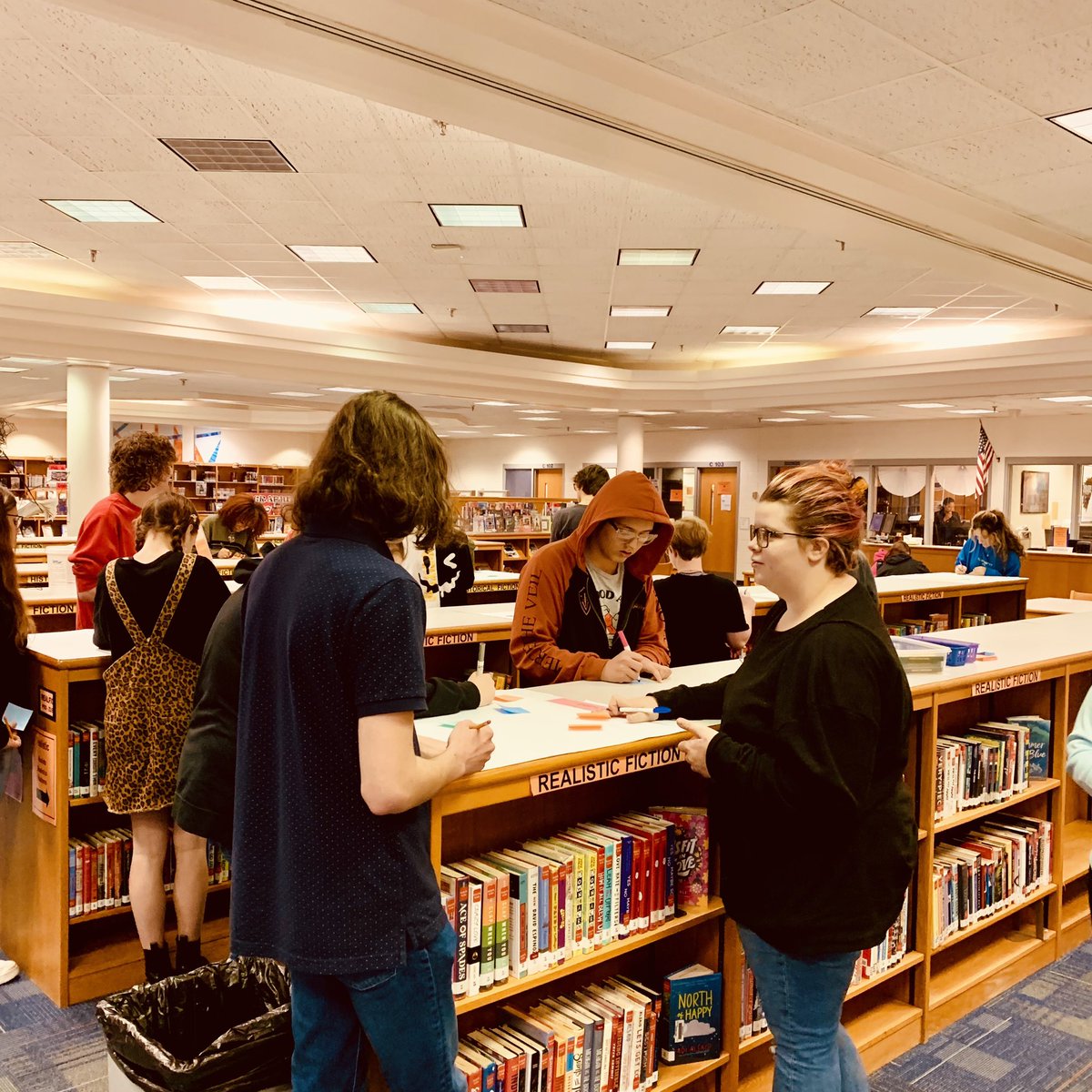 Library Student Advisory getting to work today. They have some great ideas for our library. #mhslancers #LancersRead #oneccps
