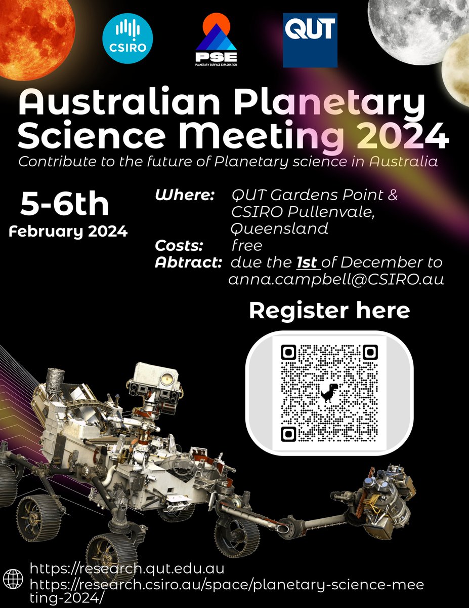 Join us for the Australian Planetary Science Conference, hosted by <a href="/QUT/">QUT</a> and <a href="/CSIRO/">CSIRO</a>  in Brisbane. 
When: 5-6th of February, 2024

Register here: forms.gle/VnA8THNJfcyzZ5…
More info here: research.qut.edu.au/pse/events/aus…