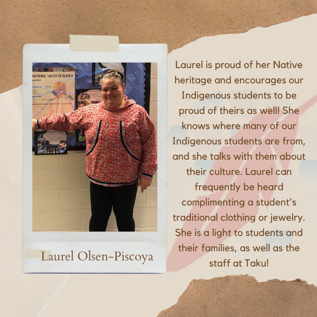 ASDschools's tweet photo. Shout out to ASD Indigenous Educator, Laurel Olsen-Piscoya. 

She is an exceptional role model for all students, inspiring students at Taku as well as participating in the Indigenous Summer Program for the last 22 years! 

#ASDShineBright #nativeamericanheritagemonth #Alaska https://t.co/RnzojUwCvy