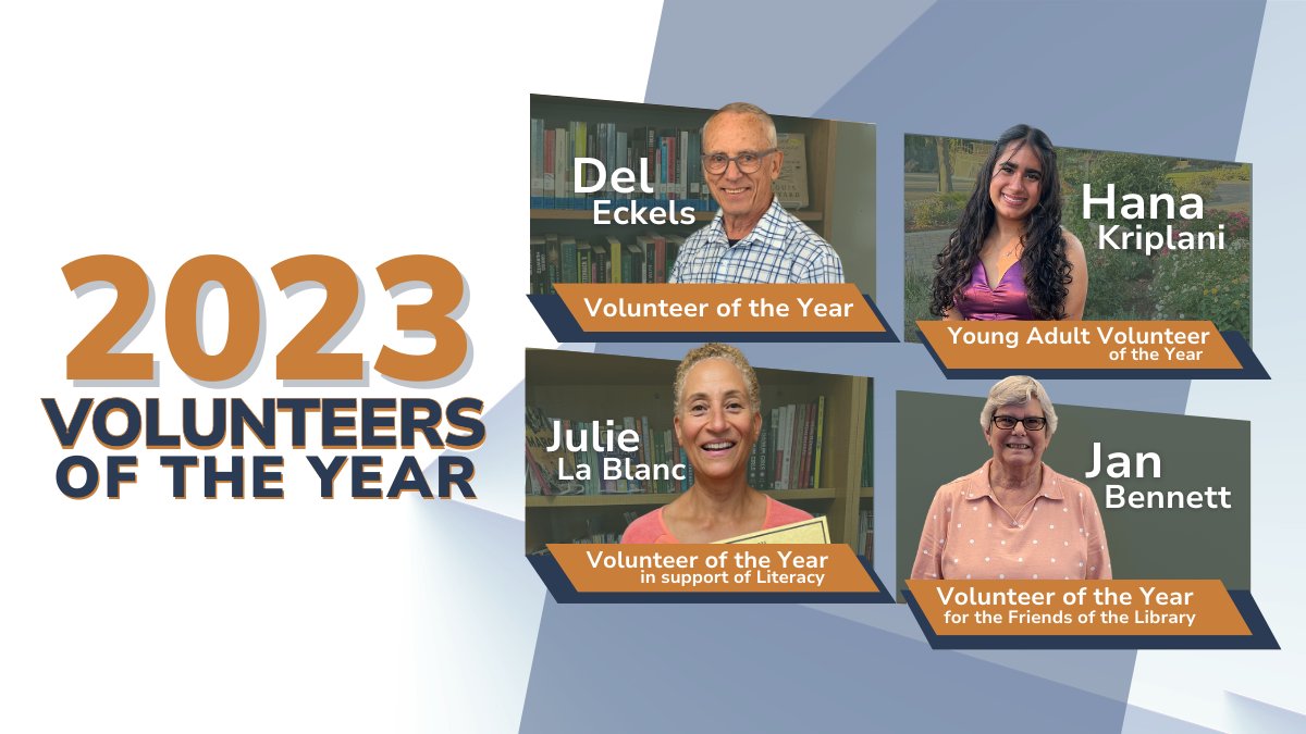 Recognizing &amp; thanking 4 outstanding volunteers for exceptional service to #Livermore community in 2023.
Del Eckels: Vol of the Yr
Hana Kriplani: Young Adult Vol of the Yr
Julie La Blanc: Literacy Vol of the Yr
Jan Bennett: Friends of Library Vol of the Yr
bit.ly/2023Vols