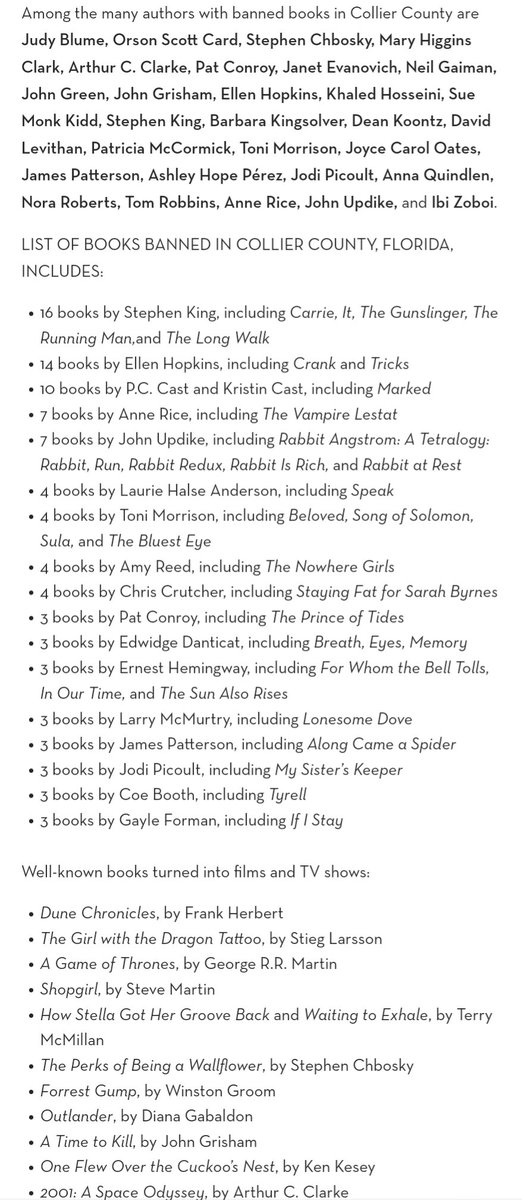 Dunno who needs to hear this but a FL district - Collier County - recently banned 300+ books.  Including Ayn Rand!  16 books by <a href="/StephenKing/">Stephen King</a>!  Ernest Hemingway! <a href="/UnrealBluegrass/">Steve Martin</a>! &amp; a whole lot of others. The book banning from Ron DeBantis isn't a hoax. /1
pen.org/more-than-300-…