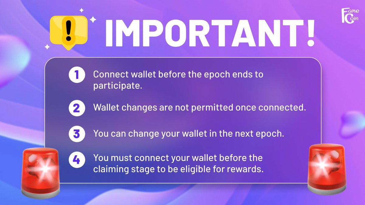 📣 📣 Thông báo 

Đảm bảo phần thưởng và nỗ lực của bạn bằng cách kết nối ví của bạn ngay bây giờ! Sau khi kết nối, hãy nhớ rằng việc thay đổi ví sẽ chỉ có thể thực hiện được trong kỷ nguyên tiếp theo.

Diễn!
📍famecoineth.com
#FameCoin #GFGF