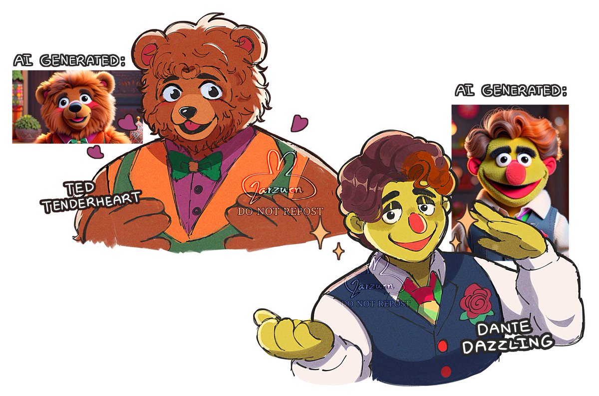 Larzuen's tweet image. Stealing AI generated puppets and turning them Into puppet ocs for the funsies 🏃💨 

#puppetoc #welcomehomeoc (?)