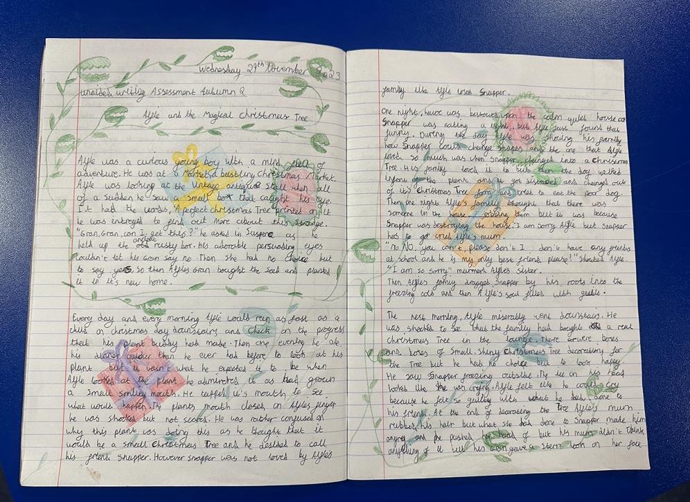 FionaMrsgreen's tweet photo. Class USA 🇺🇸 felt utterly inspired by the new Christmas advert from @JohnLewisRetail  and produced some fantastic narratives to retell the story of Snapper (who they absoloutely adore!)🌱🎄 #creativity #wearewriters #year6 https://t.co/9TAhRxEEzE