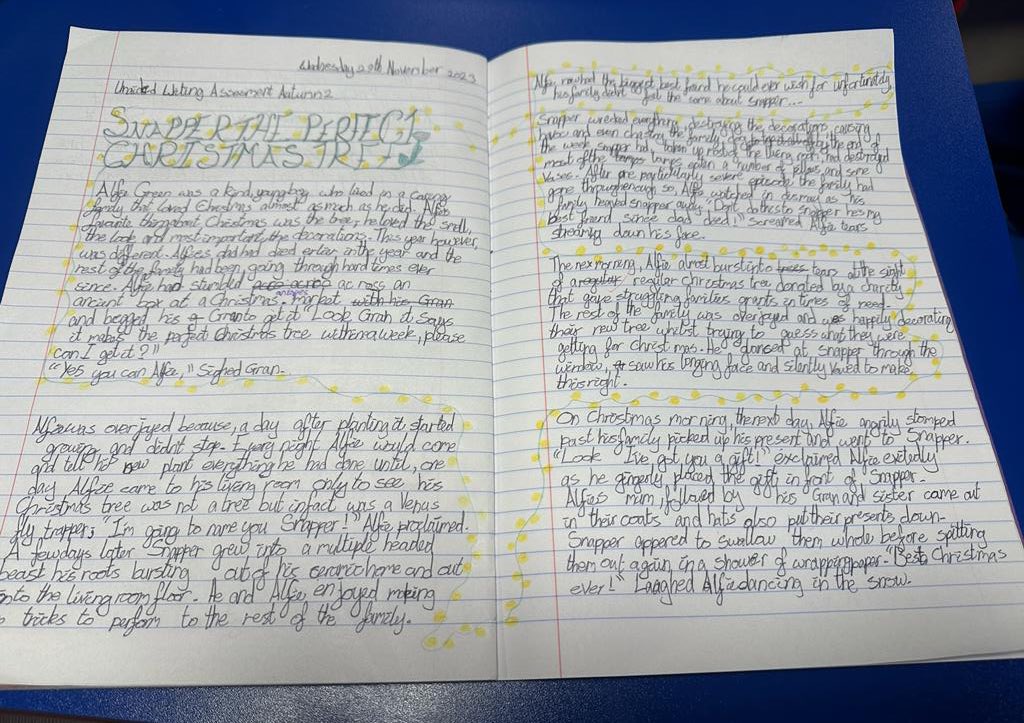 FionaMrsgreen's tweet photo. Class USA 🇺🇸 felt utterly inspired by the new Christmas advert from @JohnLewisRetail  and produced some fantastic narratives to retell the story of Snapper (who they absoloutely adore!)🌱🎄 #creativity #wearewriters #year6 https://t.co/9TAhRxEEzE