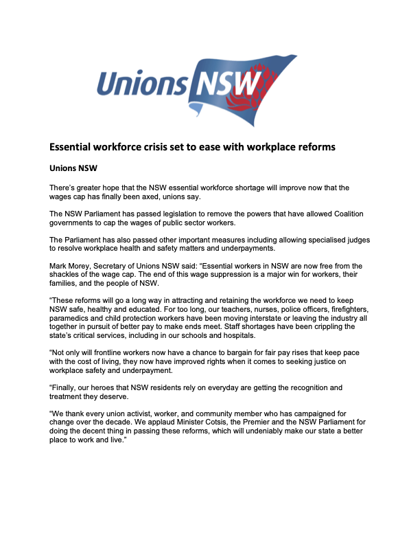 unionsnsw's tweet photo. Today is a win for workers in their unions as we welcome the NSW Government’s scrapping of the public sector wages cap. https://t.co/ZzMX7ZgaXc