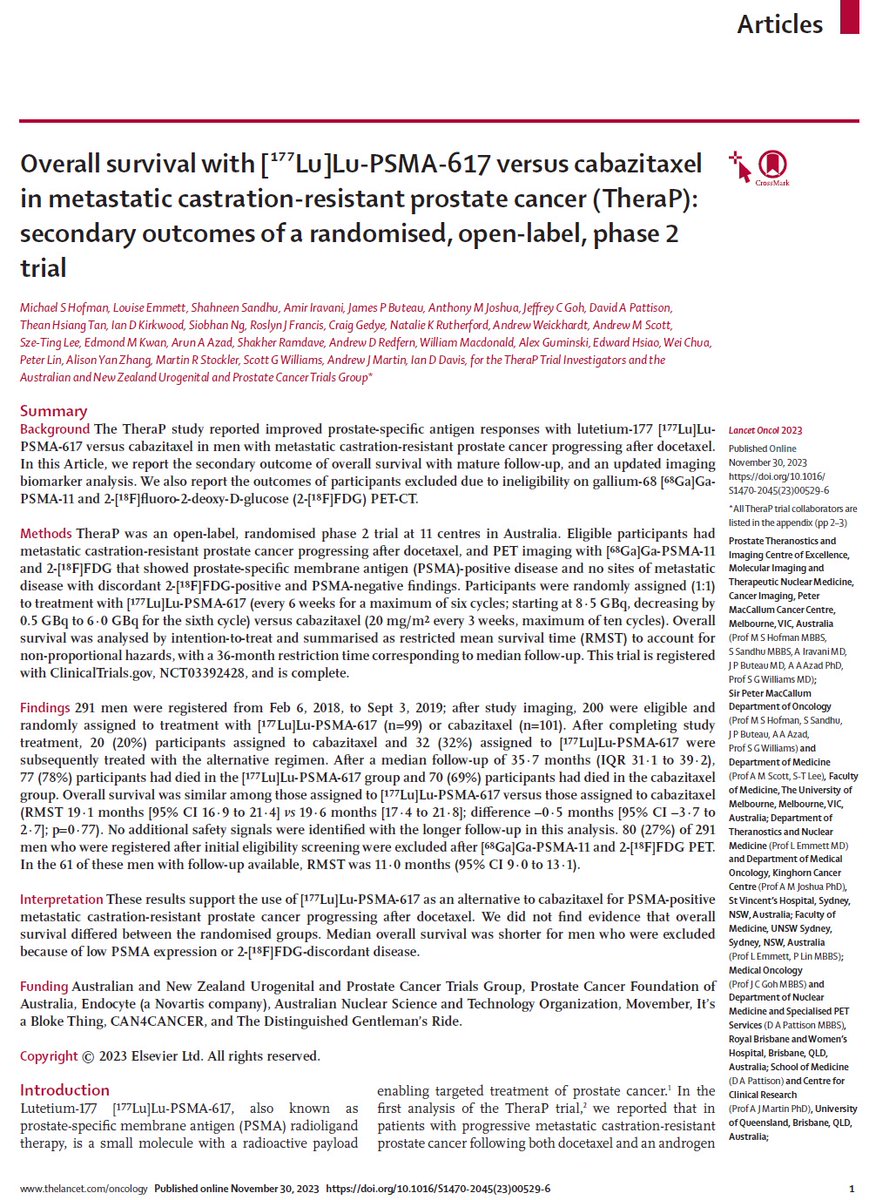 📢<a href="/ANZUPtrials/">ANZUP</a> #TheraP Lu-177 PSMA-617 is an alternative to cabazitaxel for men with metastatic castration-resistant prostate cancer: less toxicity and no difference in survival.
Hot of the press: thelancet.com/journals/lanon…
<a href="/TheLancetOncol/">The Lancet Oncology</a>