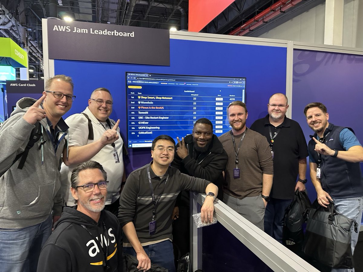 ryanbehan's tweet photo. #Netsmart takes 1st and 3rd place @ the 2023 AWS re:Invent JAM competition, where 115 teams competed. I am so proud of my fellow associates, fighting a strong competition from across the globe.  Winning teams completed all challenges 2 times faster than other teams. #ntstway #aws https://t.co/eyHlKrEHIY