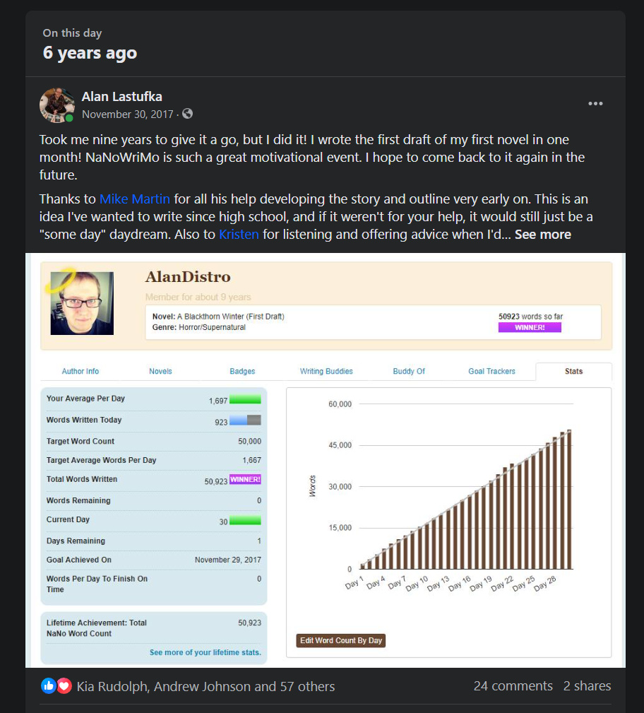Alan Lastufka // Shortwave Publishing (@alandistro) on Twitter photo "The most consistent nano graph I’ve ever seen! 😂" — <a href="/KristinaHorner/">Kristina Horner ✏️✨</a>
This was the first draft of my first book ever, and the book that eventually became FACE THE NIGHT!
Still my biggest personal accomplishment (now to do it again some day 😅). "The most consistent nano graph I’ve ever seen! 😂" — <a href="/KristinaHorner/">Kristina Horner ✏️✨</a>
This was the first draft of my first book ever, and the book that eventually became FACE THE NIGHT!
Still my biggest personal accomplishment (now to do it again some day 😅).