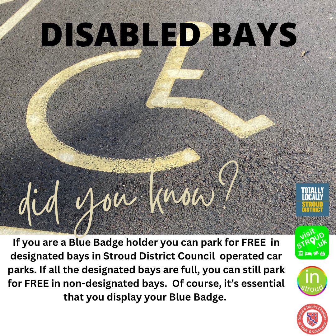 InStroud (@in_stroud_glos) on Twitter photo If you are a Blue Badge holder you can park for FREE in designated bays in <a href="/StroudDC/">Stroud District Council</a> operated car parks.
If all the designated bays are full, you can still park for FREE in non-designated bays.
It's essential that you display your valid Blue Badge.
#ShopLocal #Stroud #InStroud If you are a Blue Badge holder you can park for FREE in designated bays in <a href="/StroudDC/">Stroud District Council</a> operated car parks.
If all the designated bays are full, you can still park for FREE in non-designated bays.
It's essential that you display your valid Blue Badge.
#ShopLocal #Stroud #InStroud