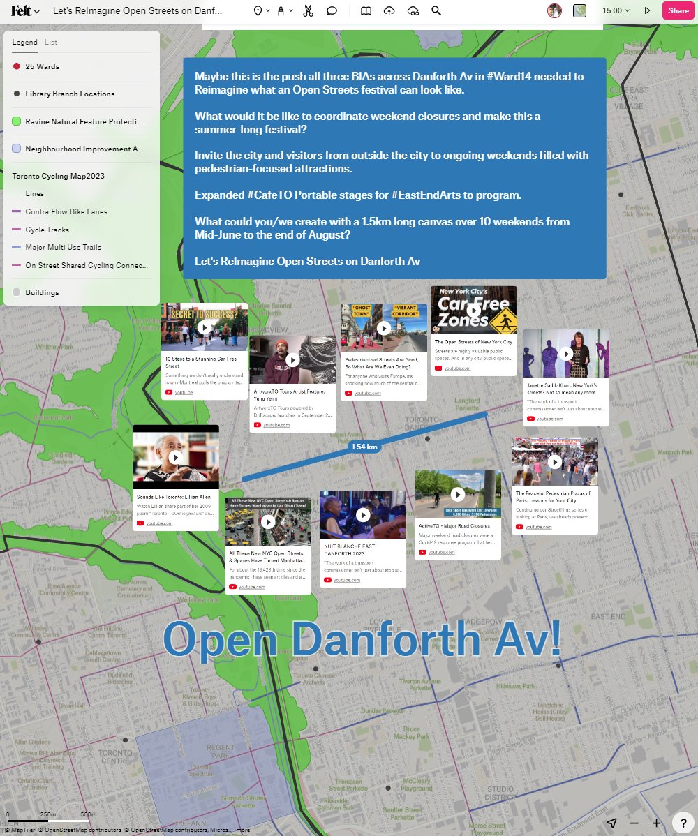LanrickBennett's tweet photo. Let's ReImagine #Danforth Thx @OhUrbanity @urbancaffeineYT @Streetfilms @JSadikKhan @CityBeautifulYT @nerd4cities for all of your ideas.
I'll leave it up to the @tdndp's elected municipal rep to move us in the right direction.
Learn more here ~ @felt https://t.co/zaVAwy6tDX https://t.co/kpmnGzwk7c