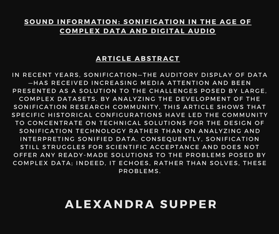 Are you interested in the role of sound, listening and other bodily skills in scientific practice? Check out an article by Alexandra Supper on Sonification in our journal - doi.org/10.1353/lac.20….