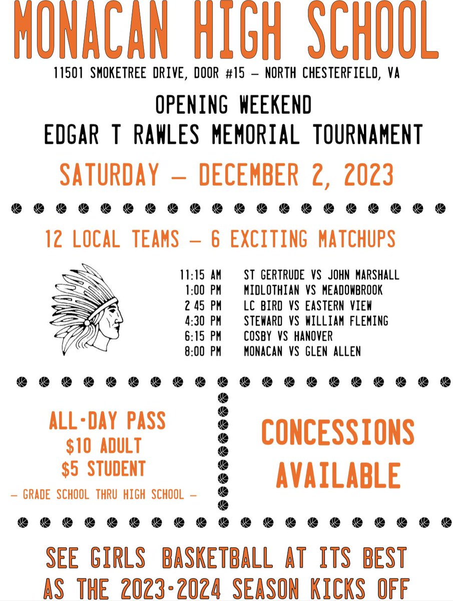 🏀SATURDAY🏀

$10 for Adults
$5 for Students

Come out to Monacan for some top notch girls basketball! 💯🔥