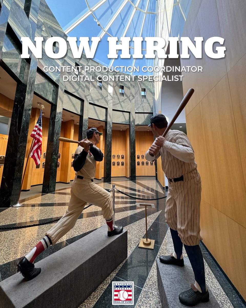 The <a href="/baseballhall/">National Baseball Hall of Fame and Museum ⚾</a> is hiring!

We're building a digital content team to bring the incredible stories of Cooperstown to life online. Apply today!

📽️ Content Production Coordinator: bit.ly/49VQJ4f
📲 Digital Content Specialist: bit.ly/49YOVra