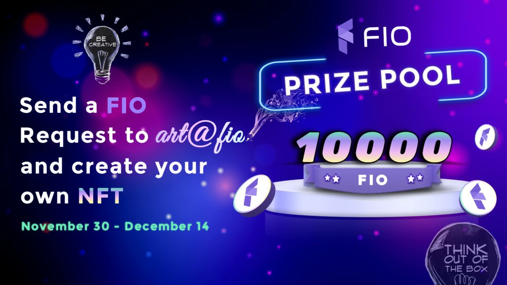 joinFIO's tweet photo. 🎨FIO Art Campaign: Journey into Creativity with NFTs 👩‍🎨🖼️

Show us your creative side by creating a one-of-a-kind NFT, powered by AI!💻
🏆Win from a prize pool of 10,000 $FIO tokens!

HOW TO ENTER⬇️
🌟Use any platform that supports the FIO Request feature to send your request for any amount of MATIC-MATIC to art@fio, then describe the image you envision in the memo. Your unique AI-generated image will be minted as an NFT then sent to your MATIC address...

🌟Share a screenshot of your NFT as a Quote RT of this tweet and hit the FOLLOW button!

👇Campaign Details👇
🏆1 Grand Winner with the most creative entry will win 3,000 FIO Tokens
🏆7 random winners will each receive 1,000 FIO Tokens
🗓️Nov 30 - Dec 14

Find more details here⬇️
https://t.co/eV3fOTcH5d
