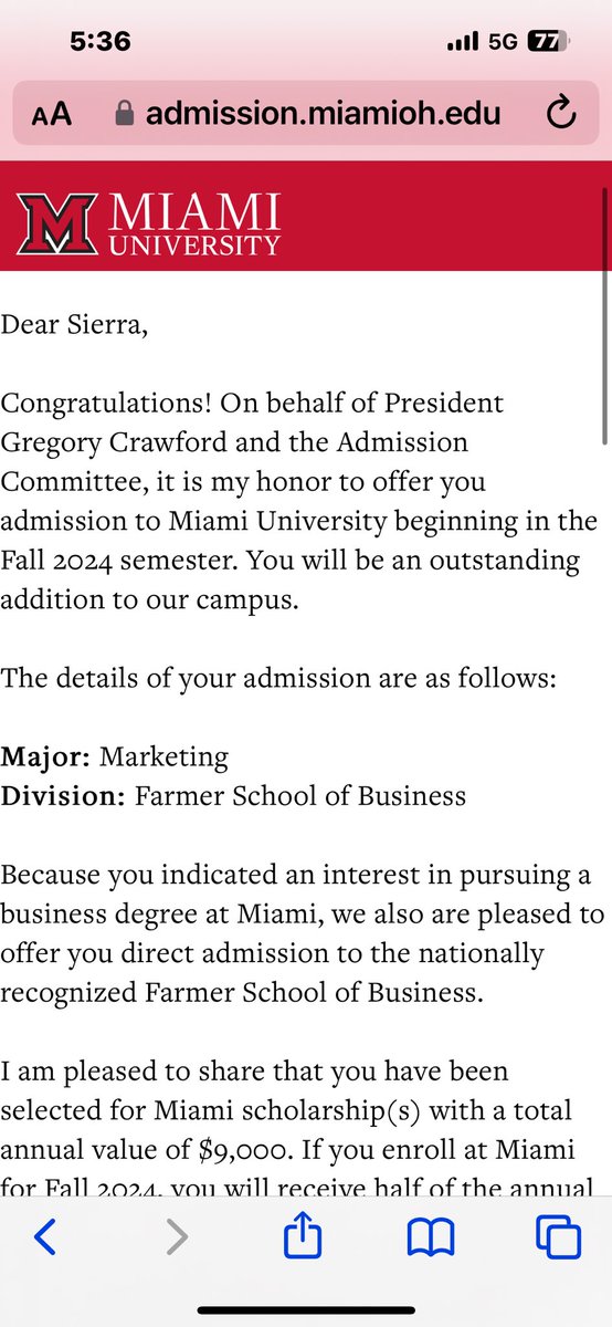 Leosammy2134's tweet photo. My daughter got in!!! #MiamiOH https://t.co/sq533B37kP