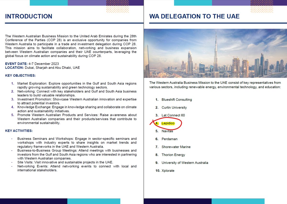 #Lithium chemical company Lepidico has been selected to join the West Australian Government Business Mission to UAE during COP 28.
With excellent green credentials, $LPD.AX will showcase its #Lepidolite mine in Namibia &amp; proposed lithium chemical plant in Abu Dhabi.