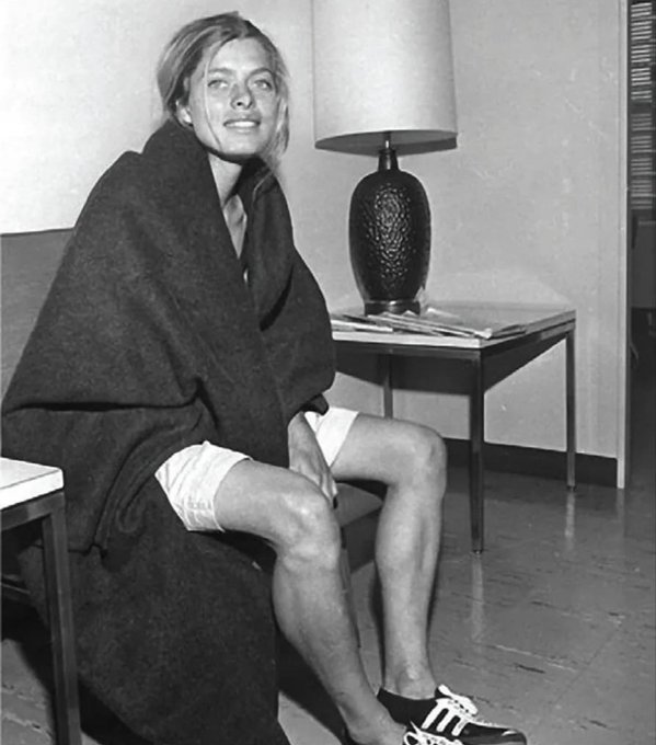 Bobbi Gibb, right after she became the first woman to complete the Boston Marathon in 1966.

Earlier that year, Gibb had received a letter rejecting her from the marathon, stating that women were "not physiologically able to run a marathon." The Amateur Athletics Union limited