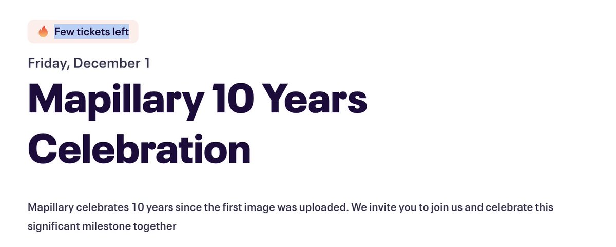 Mapillary 10 Years Celebration: Few spots left! You can still reserve your spot for virtual Mapillary 10 Years Celebration. eventbrite.co.uk/e/mapillary-10…