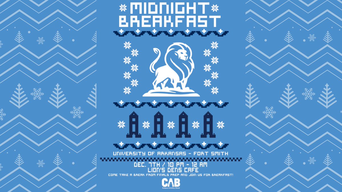 UAFSCACE's tweet image. Midnight breakfast is one week away! Wear your ugliest sweater and enjoy breakfast foods before finals begin! December 7th, 10pm-12am at the Lions Den Cafe.🥞🍳🎄