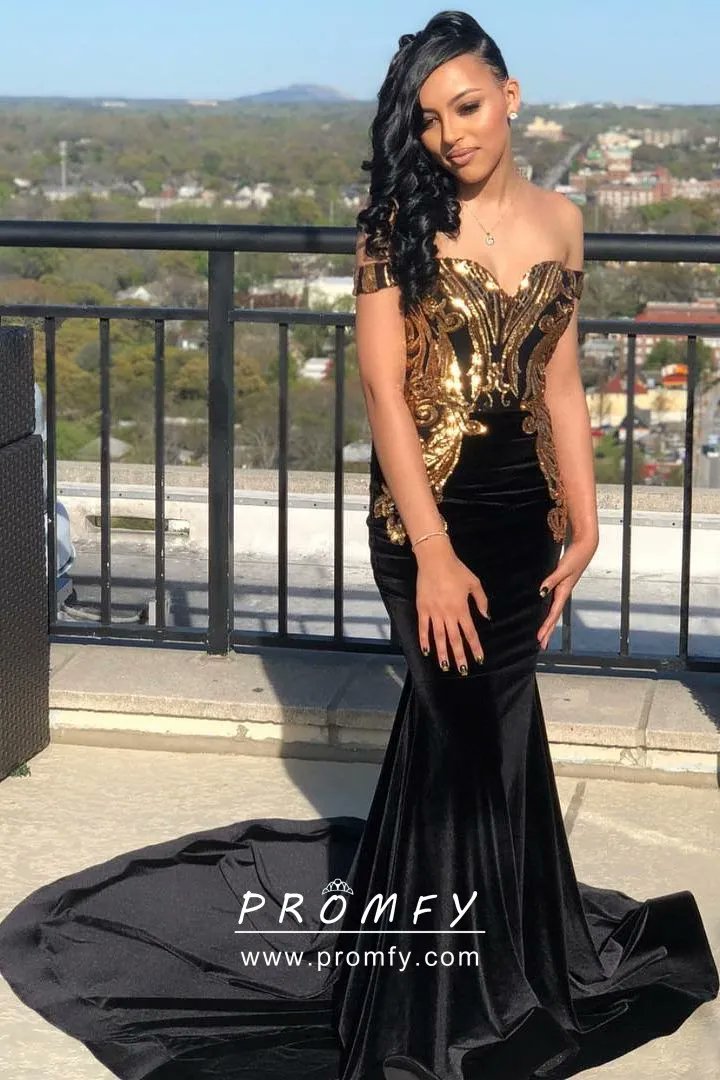 Gold Sequin Off-shoulder Black Velvet Mermaid Prom Dress African American Prom Dress
#promfy #africanamerican  #africanamericanpromdress #blackgoldpromdress #offshoulderpromgown #elegantpromdress #blackeveningdress #blackvelvetgown