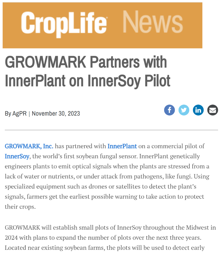 CCImarketing's tweet photo. .@croplifemag: GROWMARK Partners with InnerPlant on InnerSoy Pilot. https://t.co/2FhXxFF5Yu @GROWMARK @GMK_Agronomy @Inner_Plant #AgTech #PrecisionFarming #AgriculturalInnovation #InnerSoy #CropProtection
#FungalSensor #precisionag via https://t.co/sMvIryIPJ0 | @agnewscenter https://t.co/hbPc7T456T