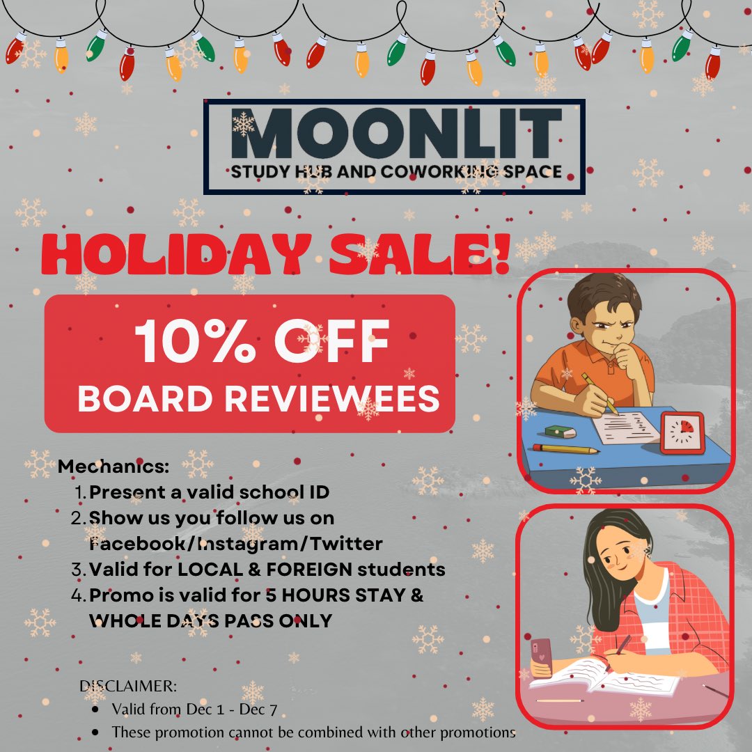Moonlitstudyhu's tweet image. Hohoho! To mend your broken heart, let’s sleigh this season with exclusive deals and jolly discounts 😍

Nuna? Tara na kasi 🤸‍♀️

⏰ 8AM-6AM (MON-SUN)
📞 09281983291 / 09088975796
📍GF Tower A, Isabelle De Valenzuela, Valenzuela City (Across KFC Fatima)